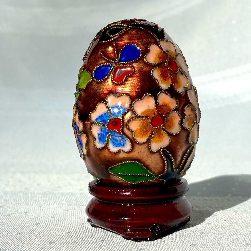 Cloisonné Bronze Tone Floral Motif Egg on Wooden Stand